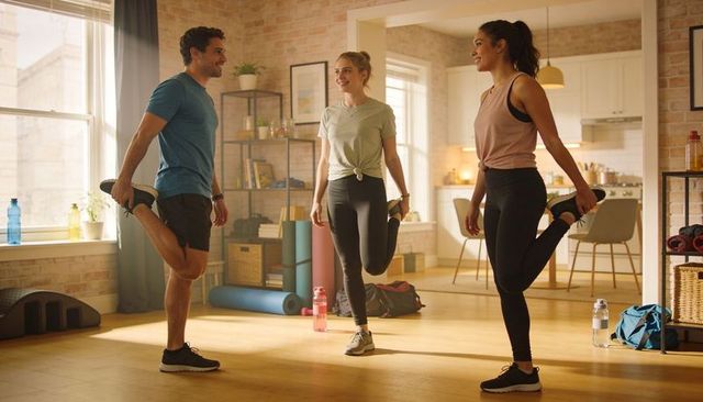 Young adults stretching in sunlit apartment before workout, casual home fitness routine