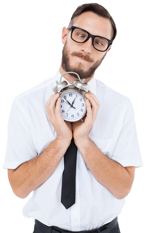 transparent geeky businessman holding large alarm clock - Download Free Stock Videos Pikwizard.com