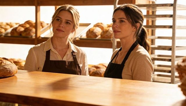 Two bakers behind sunlit wooden counter serving fresh artisan bread, local bakery