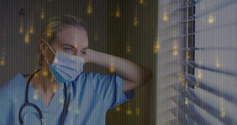 Worried healthcare worker analyzing financial data on virtual screen