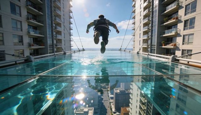 Male jumping into glass-bottom rooftop pool between high-rise towers over ocean view