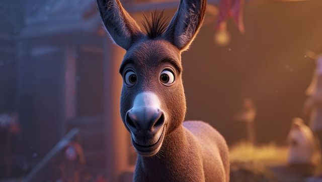 Cute animated donkey with large eyes in rustic barn scene