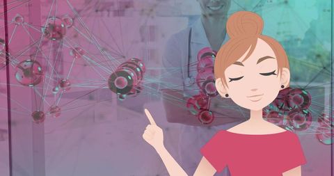 Cartoon woman pointing at molecular network overlay for healthcare technology and research