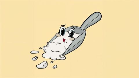 Playful animated flour scoop mascot on light background