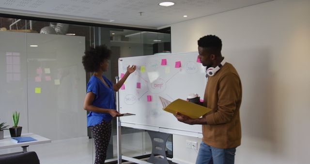 African american male and female business colleagues brainstorming in meeting room. independent creative design business.