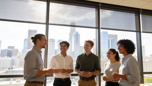 Diverse young professionals chatting in modern city office with skyline and natural light