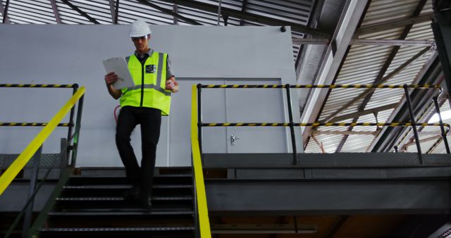 Engineer Walking Downstairs While Inspecting Documents at Construction Site - Download Free Stock Images Pikwizard.com