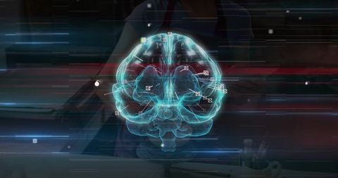 Holographic Brain Projection Over Lab Desk Showing Neural Data Markers, Futuristic AI