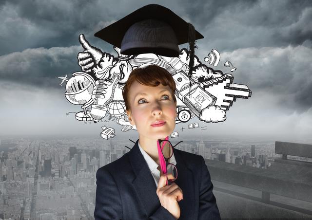 Digital composition of thoughtful businesswoman with graduation cap against cityscape in background