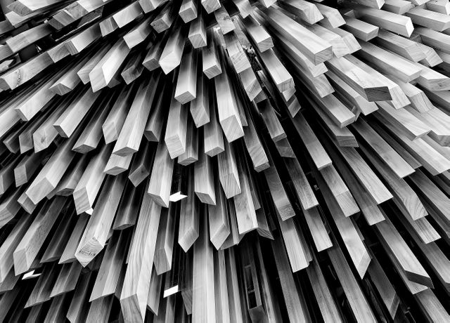 Close-up view of wooden spikes arranged in an abstract, geometric formation, captured in black and white. This image conveys a sense of modern design and intricate artistry, making it suitable for use in architectural presentations, design inspiration boards, home decor, and artistic prints.