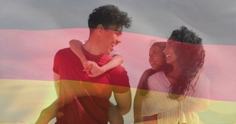Sunlit family piggyback on beach with tricolor overlay, joyful summer bonding