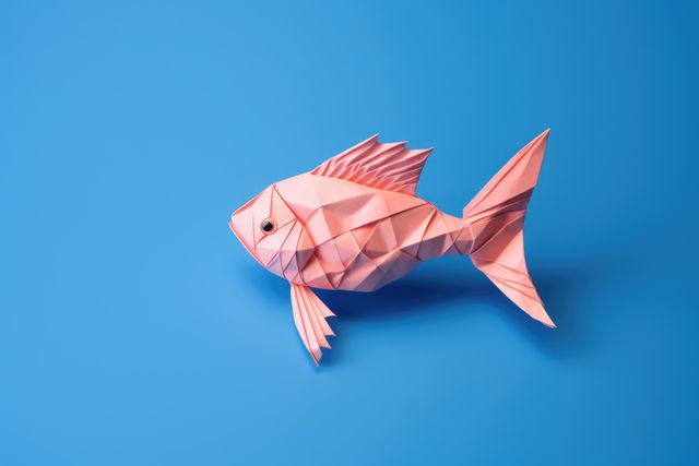 Close up of origami figure of fish on blue background, created using generative ai technology. Origami, art and japanese tradition concept digitally generated image.