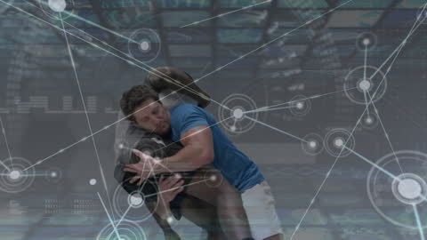Rugby Players Amidst Digital Network Interface