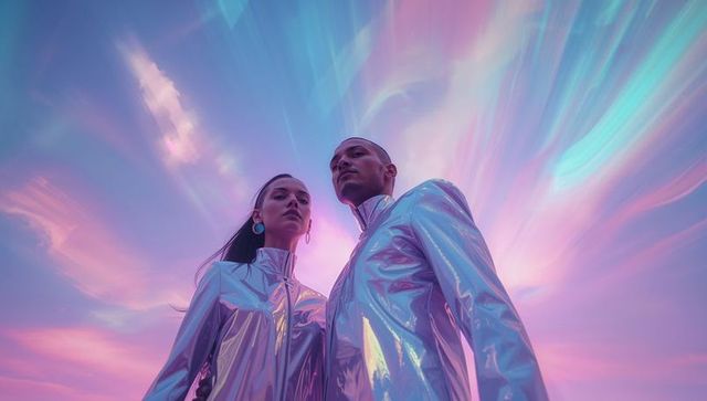 Futuristic Fashion Models in Pastel Aurora Sky