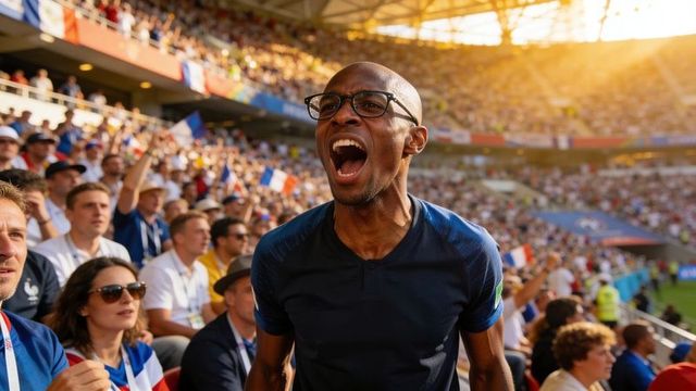 Passionate football fan cheering loudly in packed stadium waving french flags