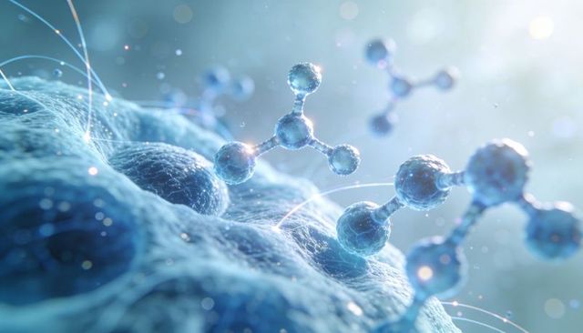 Blue molecular clusters interacting with textured membrane, glowing nanofilaments
