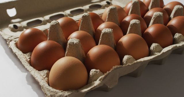 This image showcases a dozen brown eggs neatly placed in a cardboard carton, illuminated by natural light. Perfect for illustrating concepts of fresh farm produce, organic and healthy eating, groceries, and kitchen essentials. Ideal for use in food blogs, grocery store advertisements, culinary articles, and sustainable living promotions.