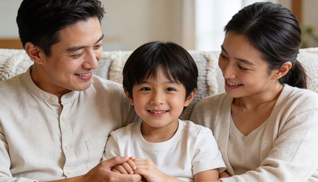Smiling parents and son enjoying cozy family moment on sofa, warm lifestyle portrait