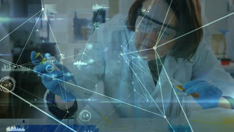 Female Scientist in Laboratory with Digital Network Interface