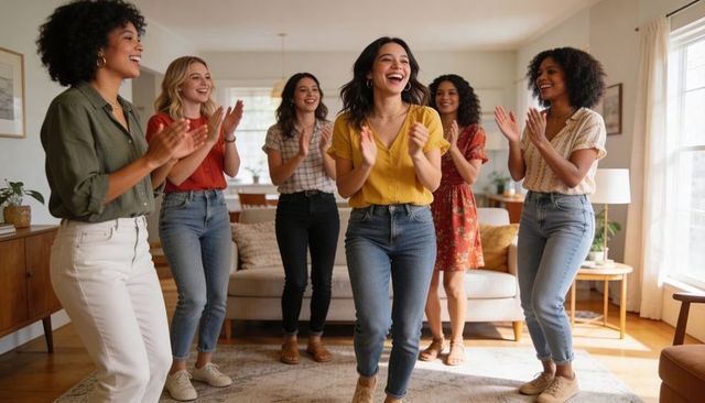 Joyful diverse friends clapping and dancing in sunlit living room celebrating together
