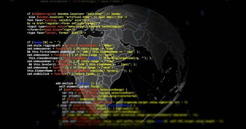 Holographic 3D globe with code overlay and southern Africa heatmap for data visualization