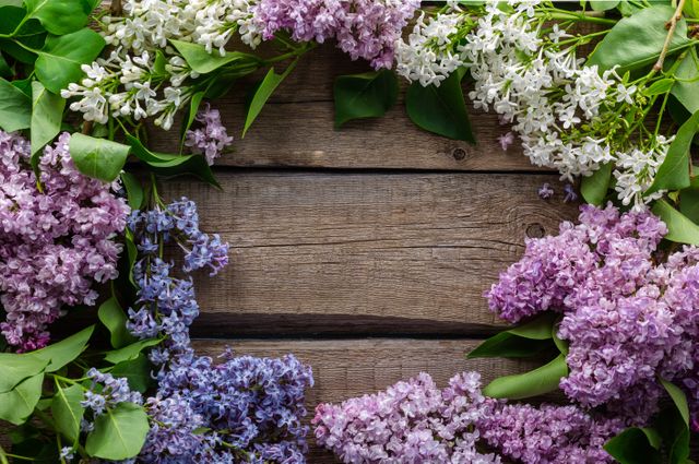 Colorful lilac flowers framing wooden background - Download Free Stock Photos Pikwizard.com