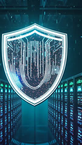 Pulsing Cyber Shield Protecting Data Center Aisle with Glowing Circuits and Rack LEDs