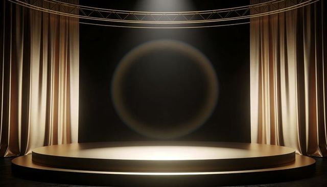Luxurious Golden Two-Tier Circular Stage with Dramatic Spotlight, Drapes and Truss