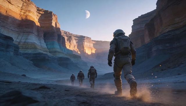 Suit-clad astronauts trekking through alien canyon at dusk with crescent moon overhead