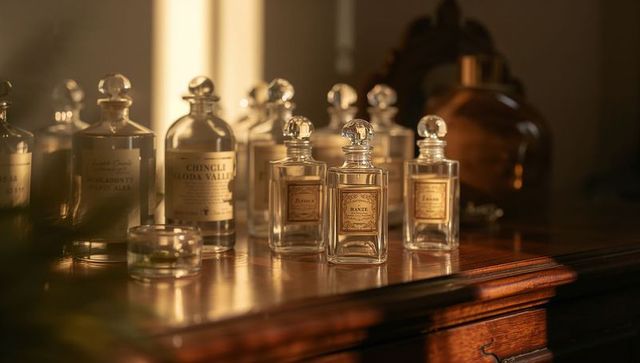 Clear crystal perfume bottles catching warm sunlight on antique wooden vanity