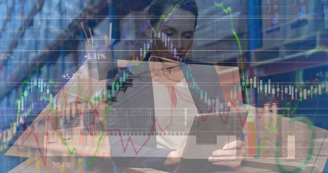 Businesswoman Analyzing Financial Data on Digital Tablet with Stock Market Graph Overlay - Download Free Stock Images Pikwizard.com