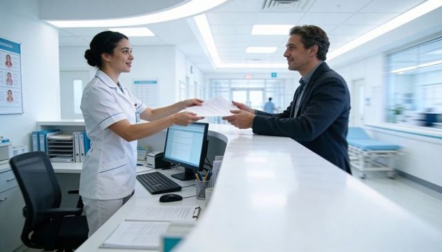 Nurse handing documents to patient at hospital reception desk during patient check-in