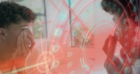 Young man inspecting facial skin in mirror with futuristic hud overlay for smart skincare
