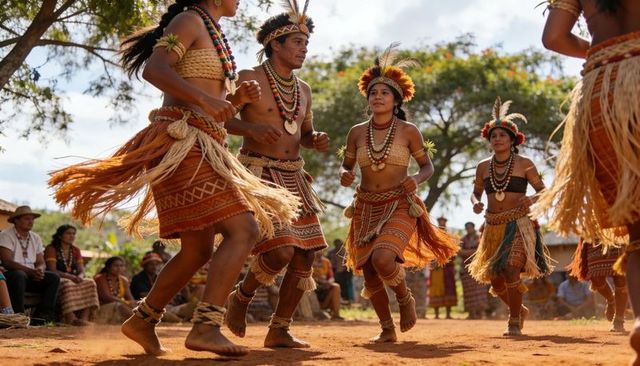 Indigenous dancers performing traditional feather headdress ceremony on red soil plaza
