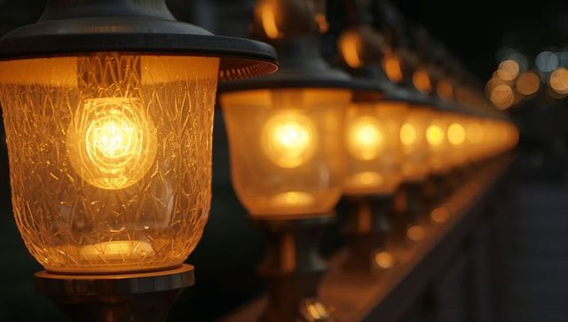 Glowing crackled-glass lanterns lining railing, warm amber evening bokeh ambience