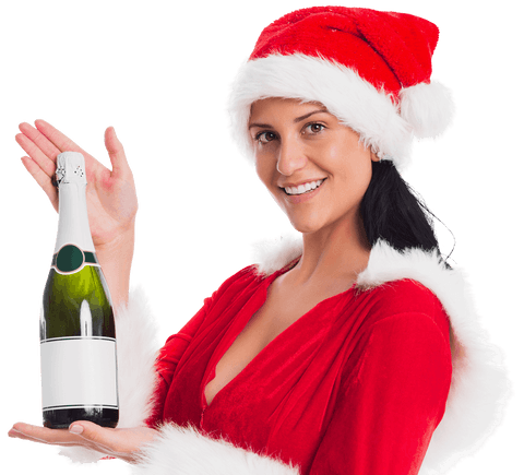Smiling Woman Holding Champagne Bottle in Santa Hat Transparent Background