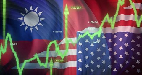 Taiwan and us flags showing rising market chart with green up arrow and financial data