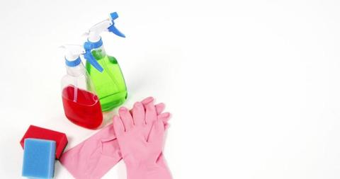 Essential Cleaning Supplies with Spray Bottles and Sponges on White - Download Free Stock Images Pikwizard.com