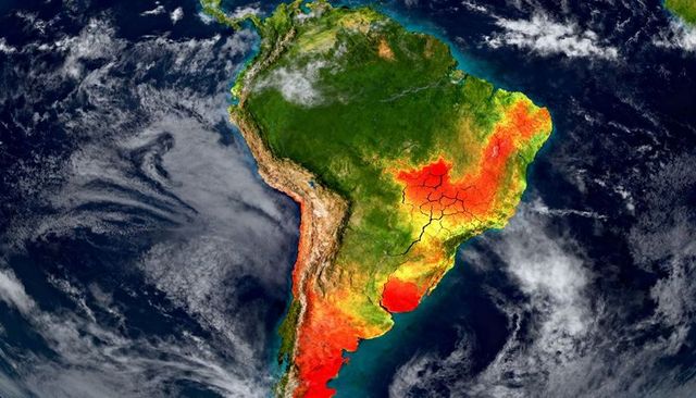 South america showing drought stress and cracked soil in false-color satellite view