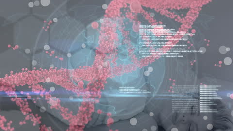 Animated DNA Strands Spinning with Global Data Overlay