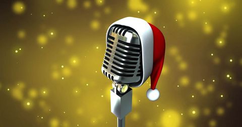 Retro microphone wears santa hat with sparkling background
