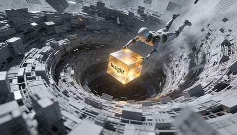 Humanoid robot reaching for glowing insight cube above futuristic cybernetic spiral vortex