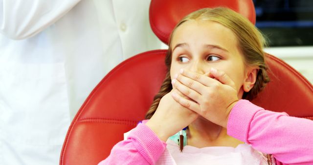 Young girl covering mouth with hands, looking nervous at dentist appointment in red dental chair. Image can be used to discuss dental anxiety in children, importance of pediatric dentistry, dental care tips for children, health care professionals dealing with young patients, patient comfort.