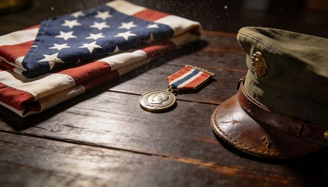 Folded american flag with military medal and vintage olive cap on rustic wooden table