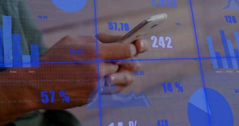 Mid-adult Man Holding Smartphone Viewing Business Analytics Dashboard with Blue Overlays