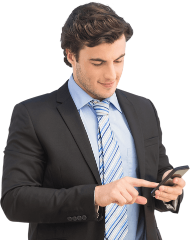 Caucasian businessman using smartphone on transparent background