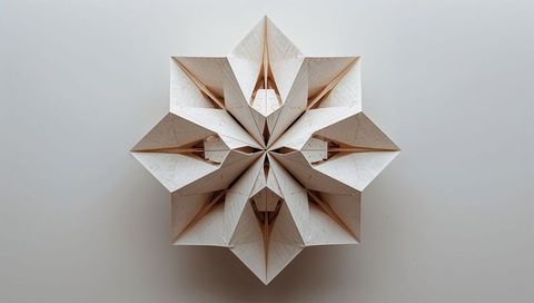 Modular origami eight-pointed star forming geometric radial paper sculpture