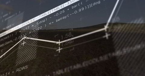 Data visualization overlay rising over dusk grassland horizon with code and line chart