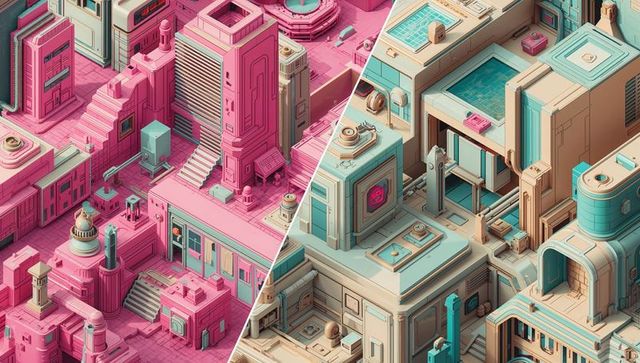 Isometric cityscape splitting diagonal into pink and teal modular architecture