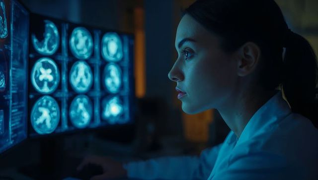 Female radiologist analyzing brain scans in dimly lit control room